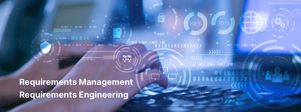 Hologram and keyboard representing optimizing the requirements engineering process through quality management, interoperability, and traceability