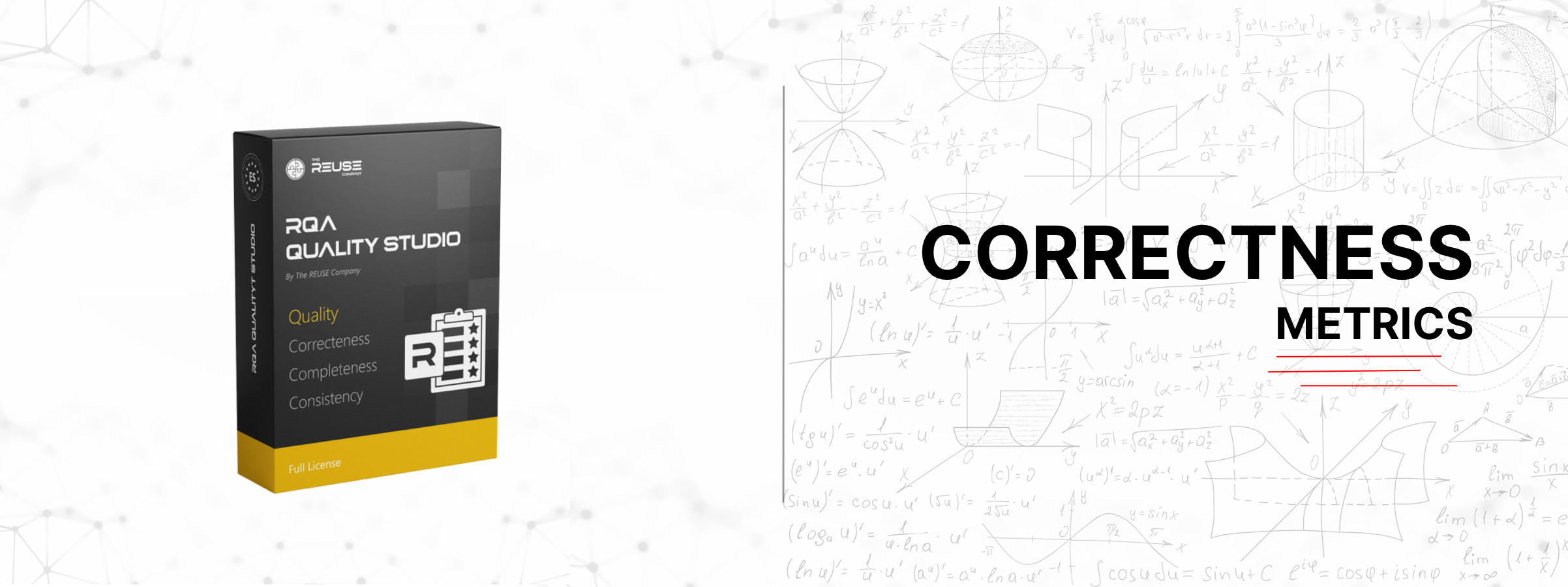 RQA – QUALITY Studio box over a math doodle background showing tips for ensuring requirements correctness and improving specifications