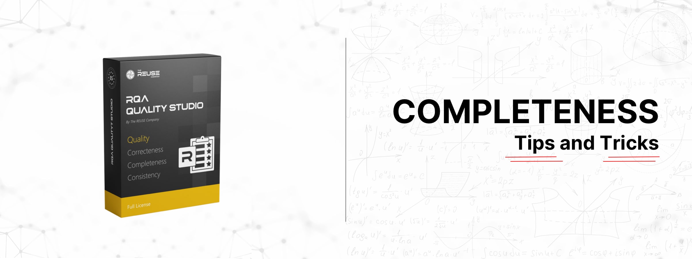 RQA – QUALITY Studio box over a math doodle background showing tips for ensuring requirements completeness and improving specifications