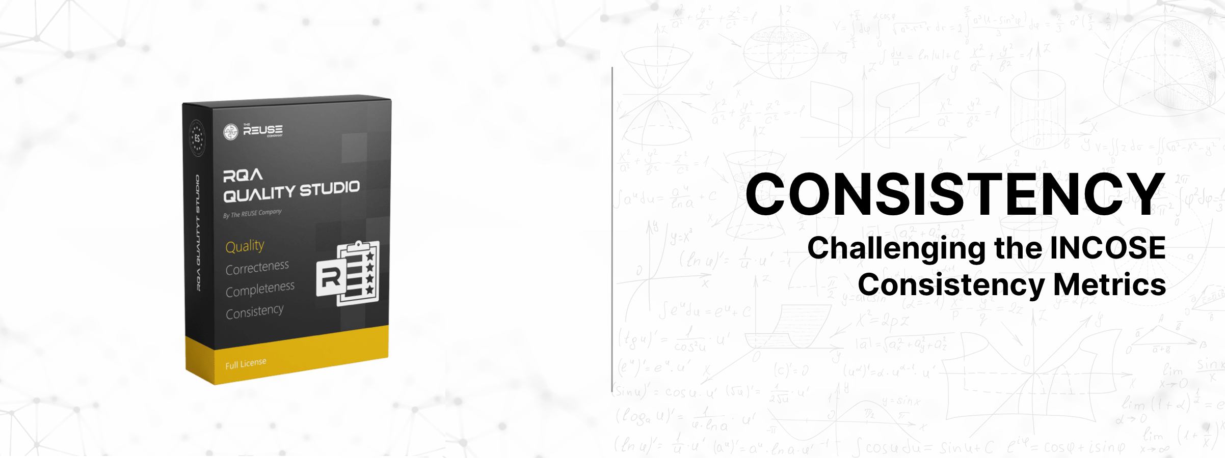 RQA – QUALITY Studio box over a math doodle background showing tips for ensuring requirements consistency and improving specifications