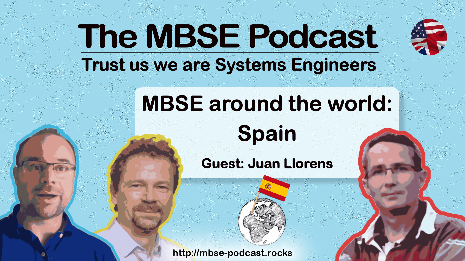 MBSE podcast by Juan Llorens, Tim Weilkiens and Christian Muggeo, with a world map pinned at Spain representing the development of MBSE, including challenges and trends in the industry