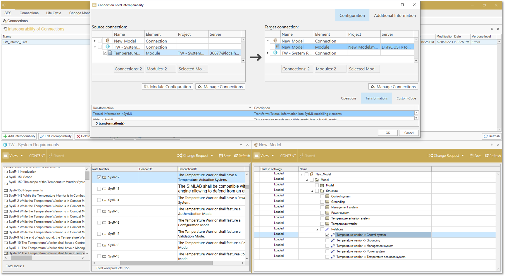 Screenshot of SES ENGINEERING Studio showing connectivity with other tools, pictured: IBM DOORS and Cameo Systems Modeler