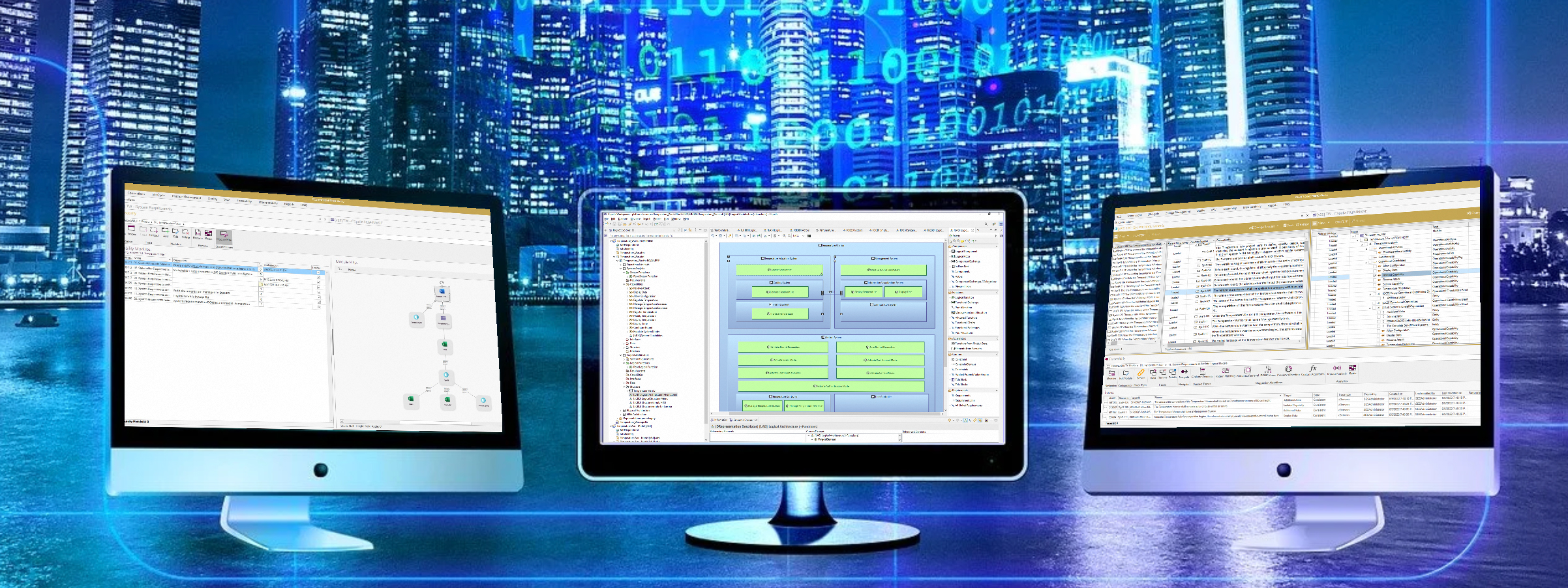 3 computer screens containing screenshots from SES ENGINEERING Studio showing interoperability between tools; modeling, simulation, and requirements management software