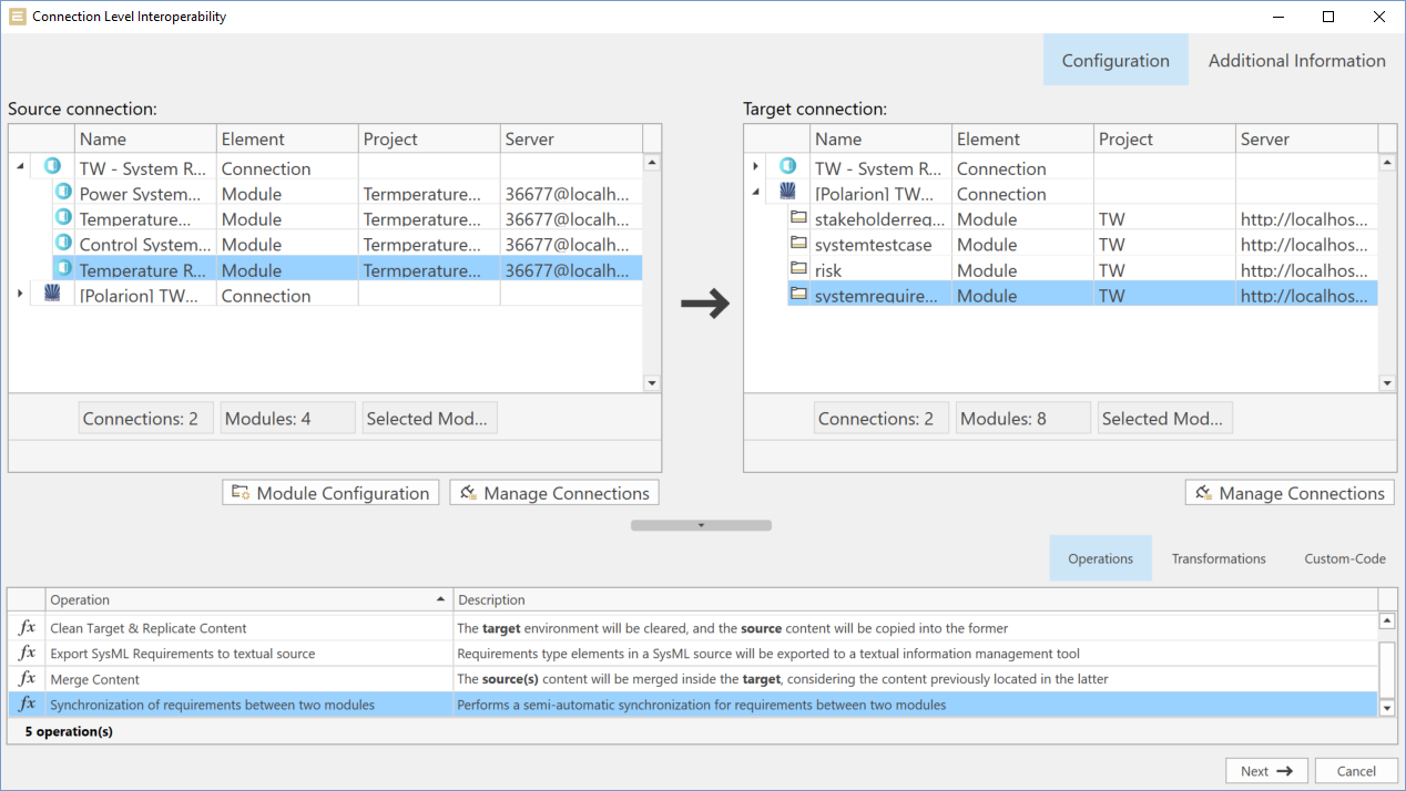 Data Migration in SES ENGINEERING Studio 1 Screenshot showing how the Interoperability Hub enables data migration and can suggest operations for each pair of objects being synchronized.