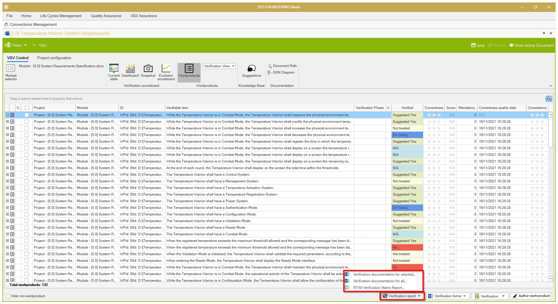 Screenshot of how a Verification and Validation process works in V&V Studio