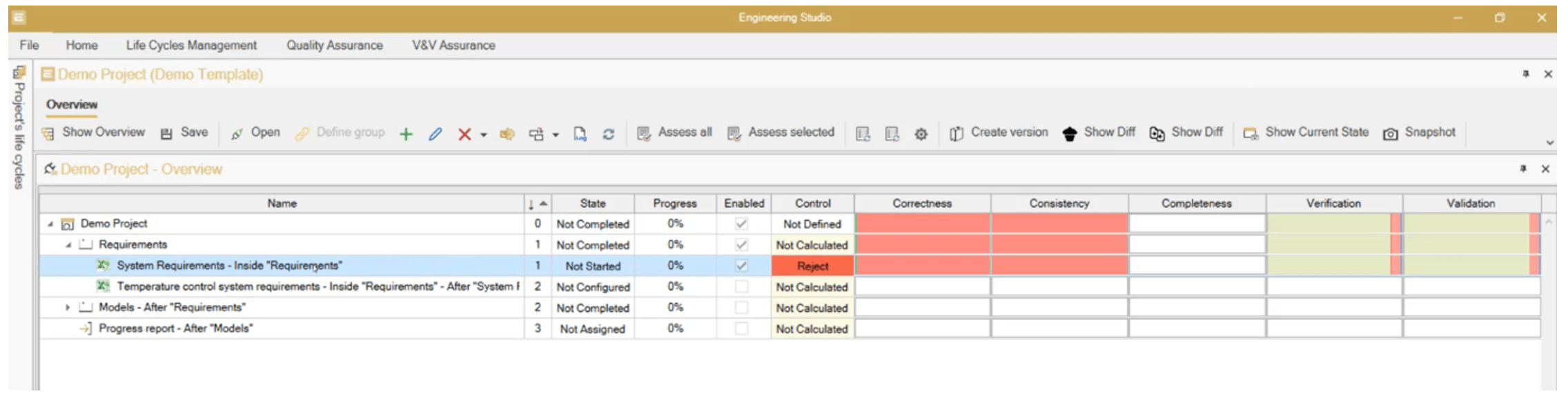 Screenshot showing how to manage the flow of different activities in a project with SES ENGINEERING Studio